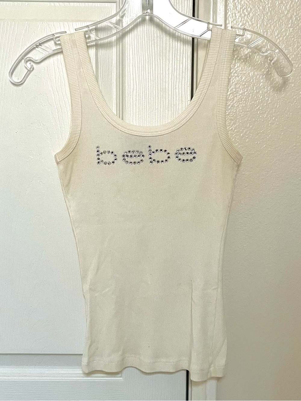 Bebe Cream Ribbed Tank with Rhinestone Logo